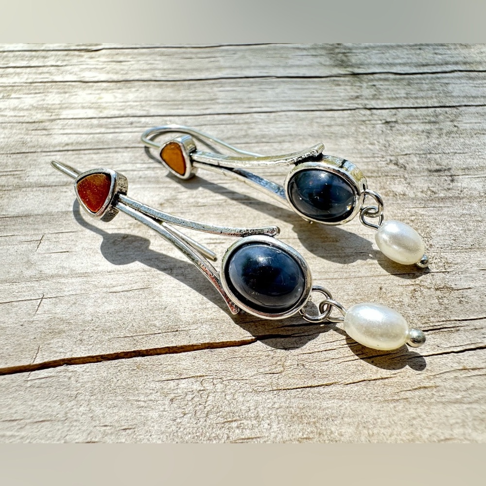 NWT - Faux Pearl, Blue & Red Stone Silver Plated Long Dangle Earrings
